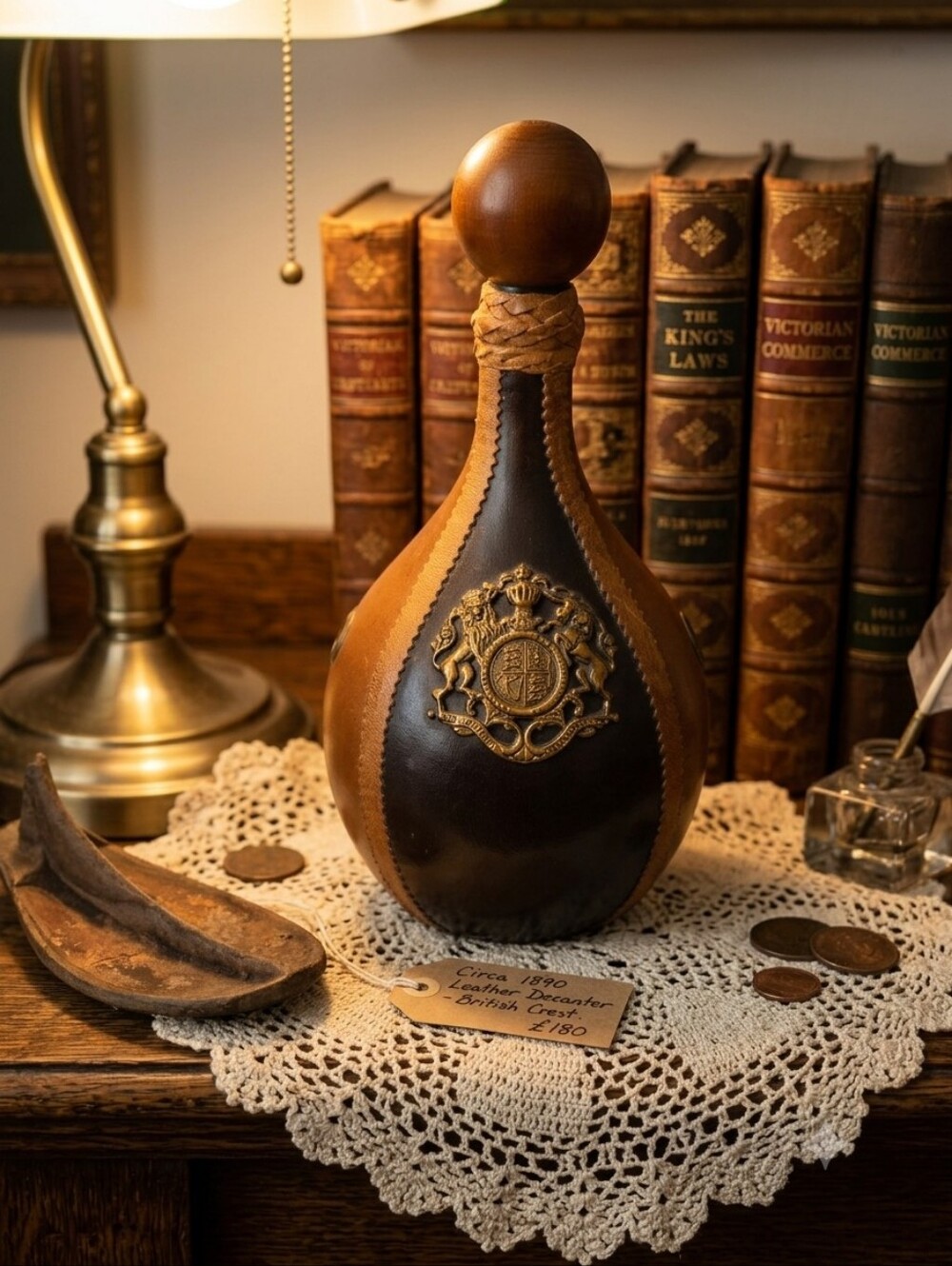 ​Vintage Italian Leather Wrapped Decanter with British Royal Crest